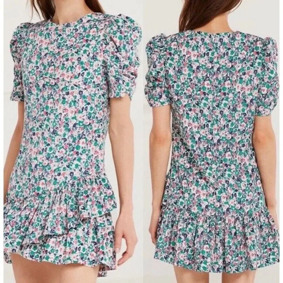 Storets Floral Puff Pleated Sleeve Tulip Hem Mini Ruffle Dress Size S/M Women’s - Picture 1 of 7